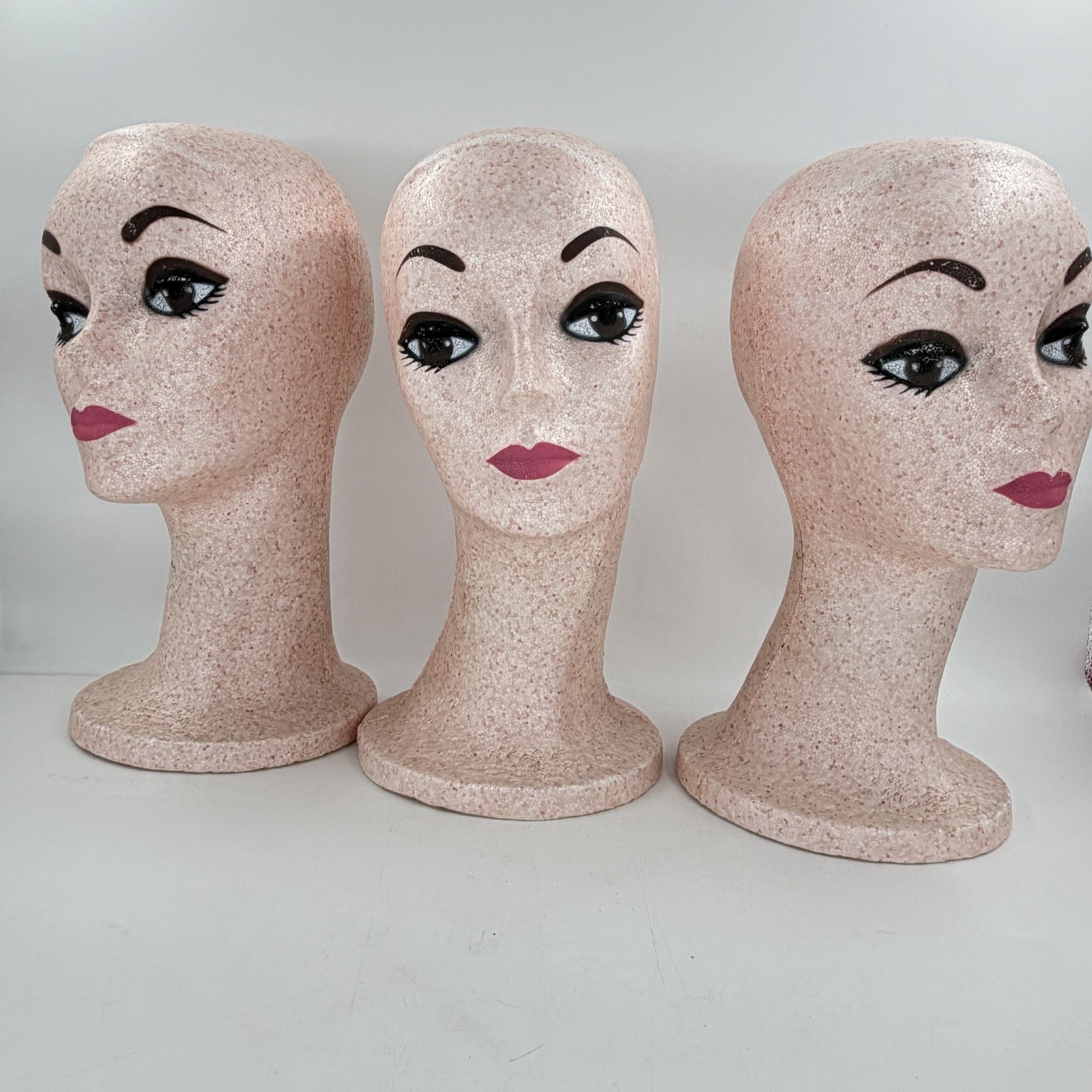 Vintage Styrofoam Mannequin Head Painted Face 60s Retro Wig Hat Display Lot Of 3