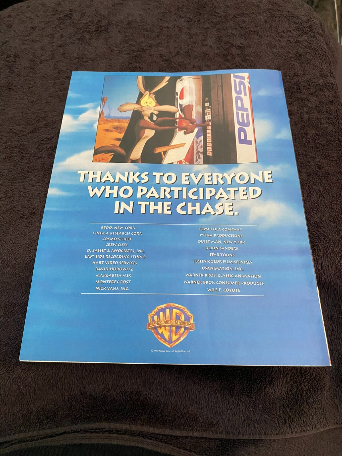 WARNER BROS. CLASSIC ANIMATION 1996 Thanks ad w/ Wile E. Coyote at Pepsi machine