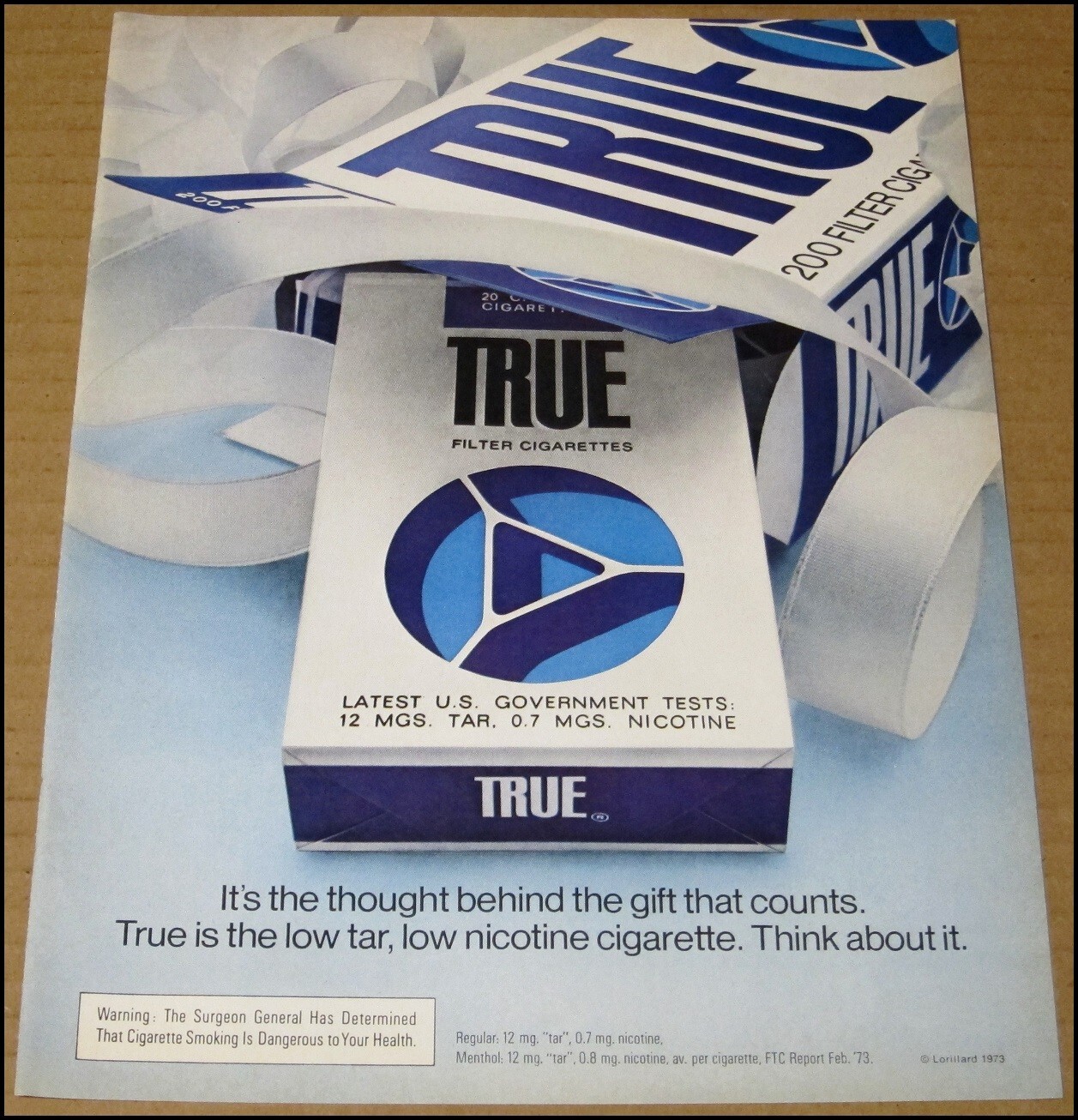 1973 TRUE Filter Cigarettes Print Ad Vintage Advertisement Lorillard Tobacco