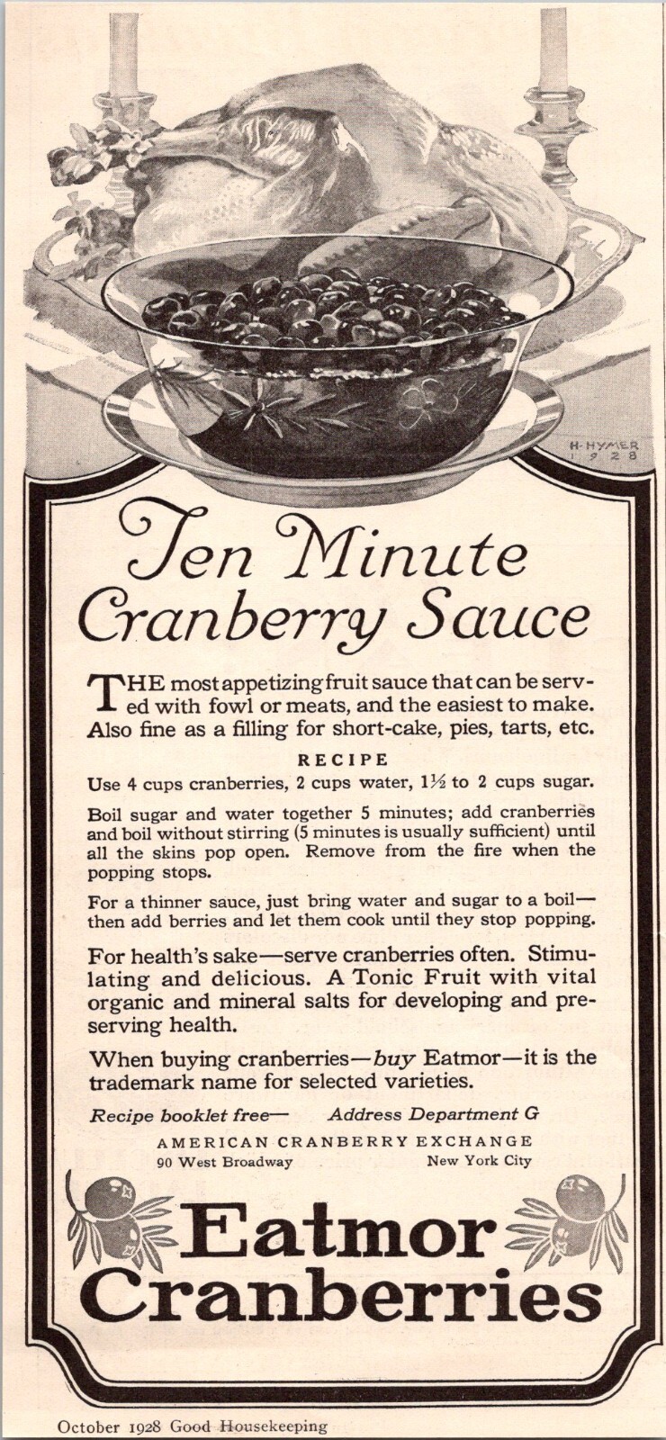 1928 Print Ad: Ten Minute Cranberry Souce – Eatmor Cranberries – L