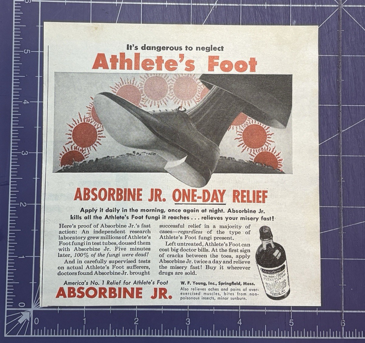 1956 PRINT AD ABSORBINE JR. ATHLETE’S FOOT ONE DAY RELIEF W.F. YOUNG