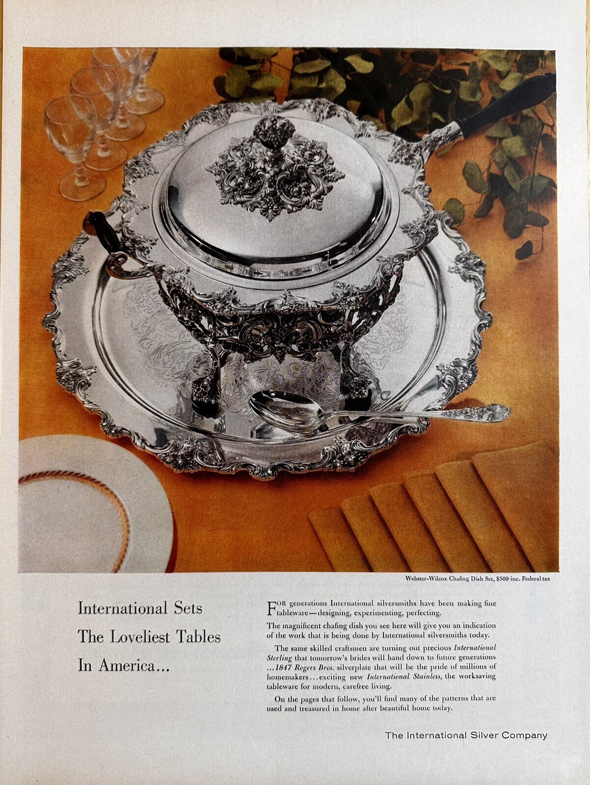 1956 International Silver Company Print Ad, Webster-Wilcox Chafing Dish Set