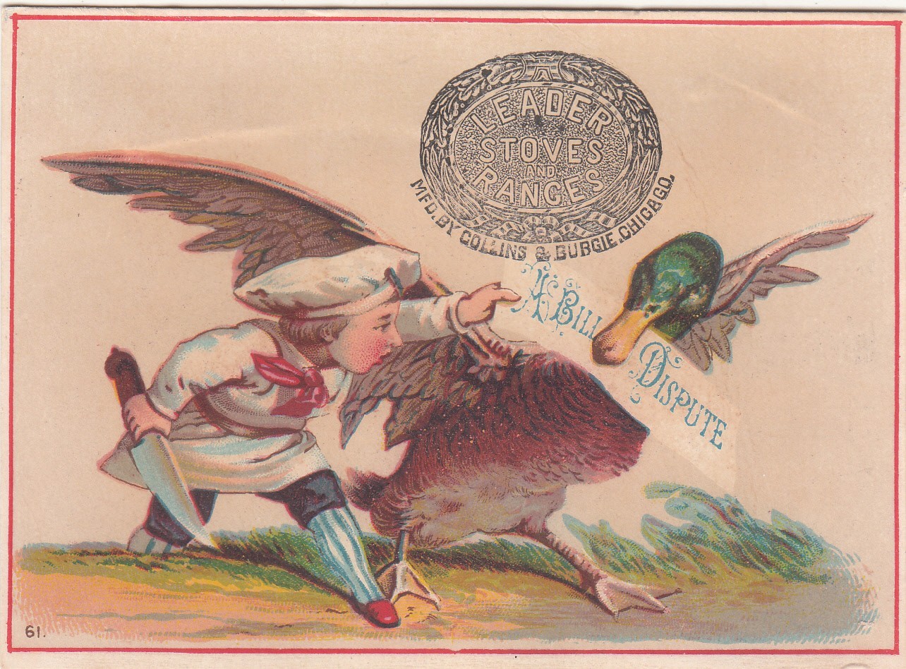 Leader Stoves Ranges Boy Butcher Knife Mallard Duck BILL DISPUTE Card c1880s