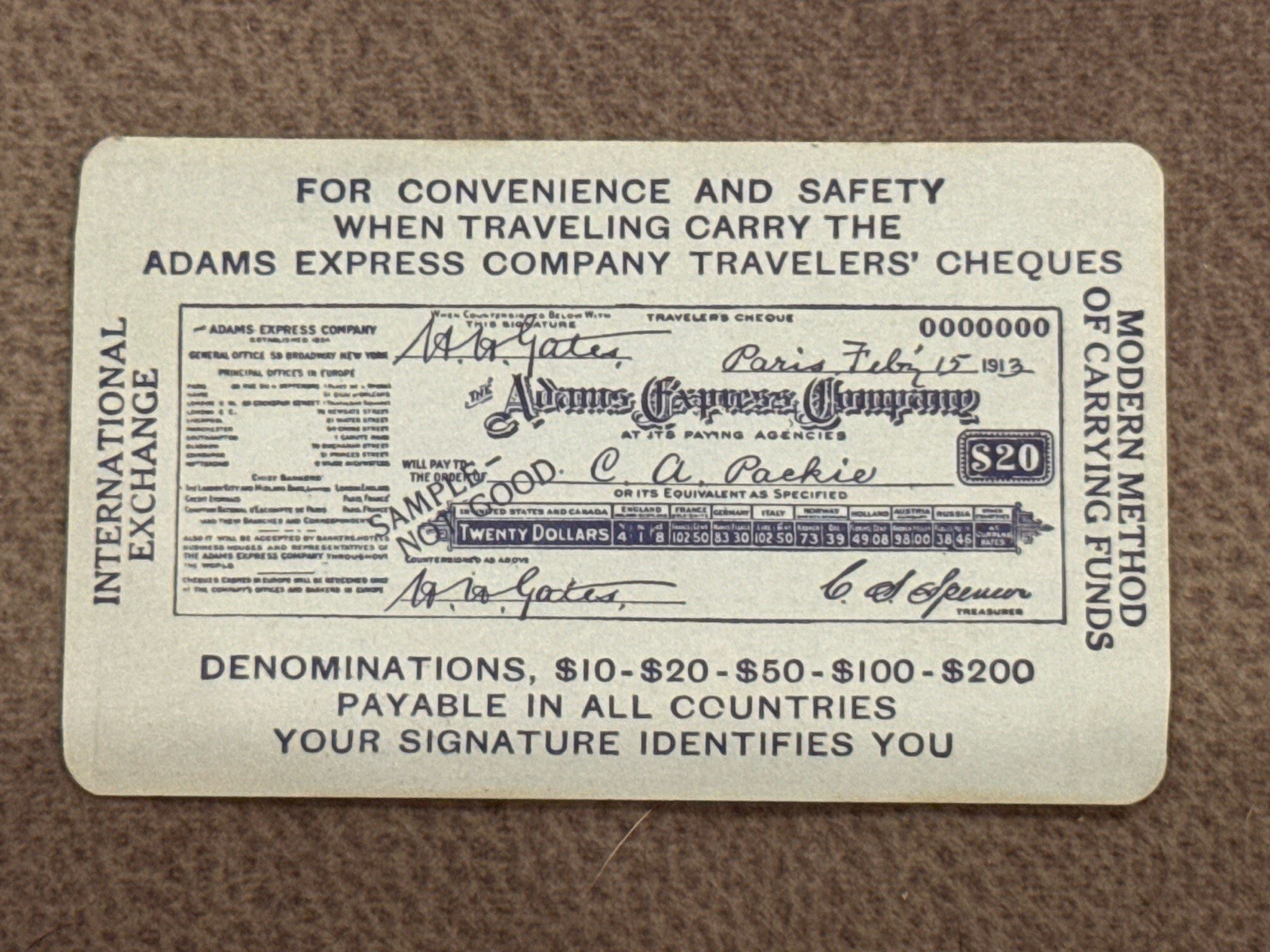 1915 Adams Express Company Travelers’ Cheques Calendar Advertising Card