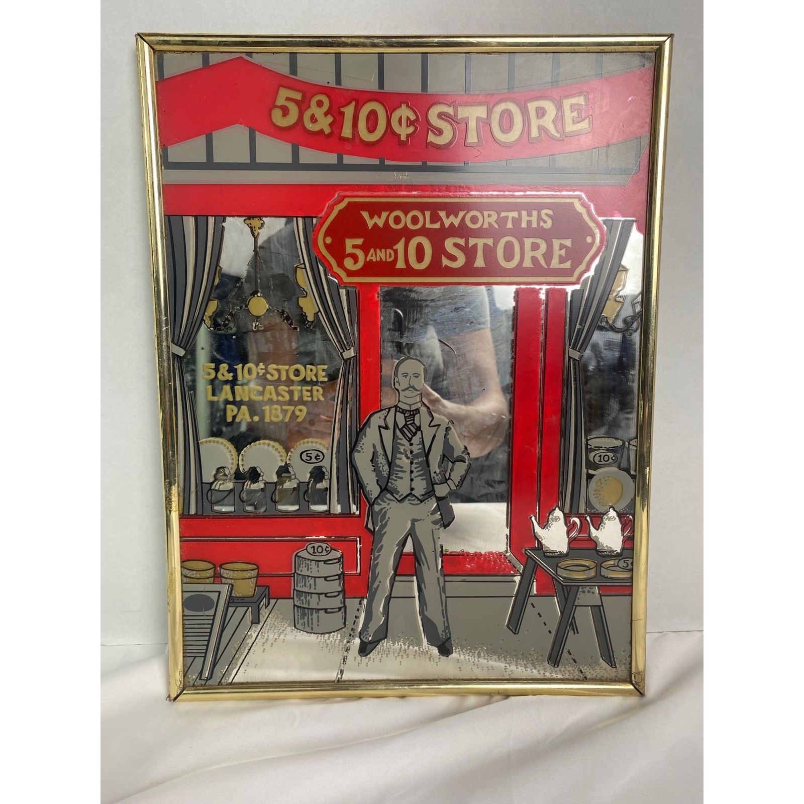 VTG Marsel Mirror Woolworths 5 and 10 Store Red Gold 12×16 Framed Bar Sign