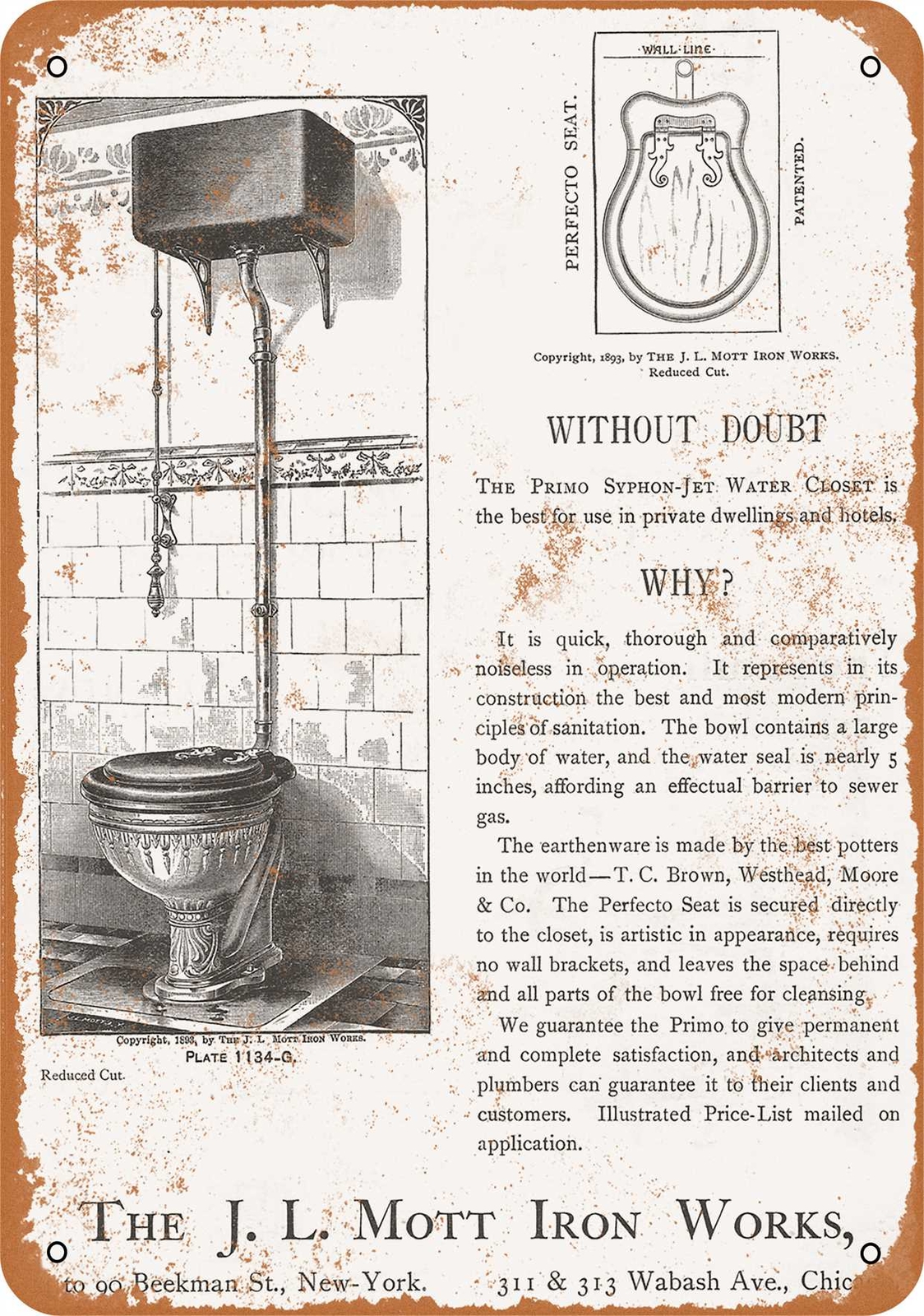 METAL SIGN – 1893 Mott Primo Syphon Jet Toilet – Vintage Look Reproduction