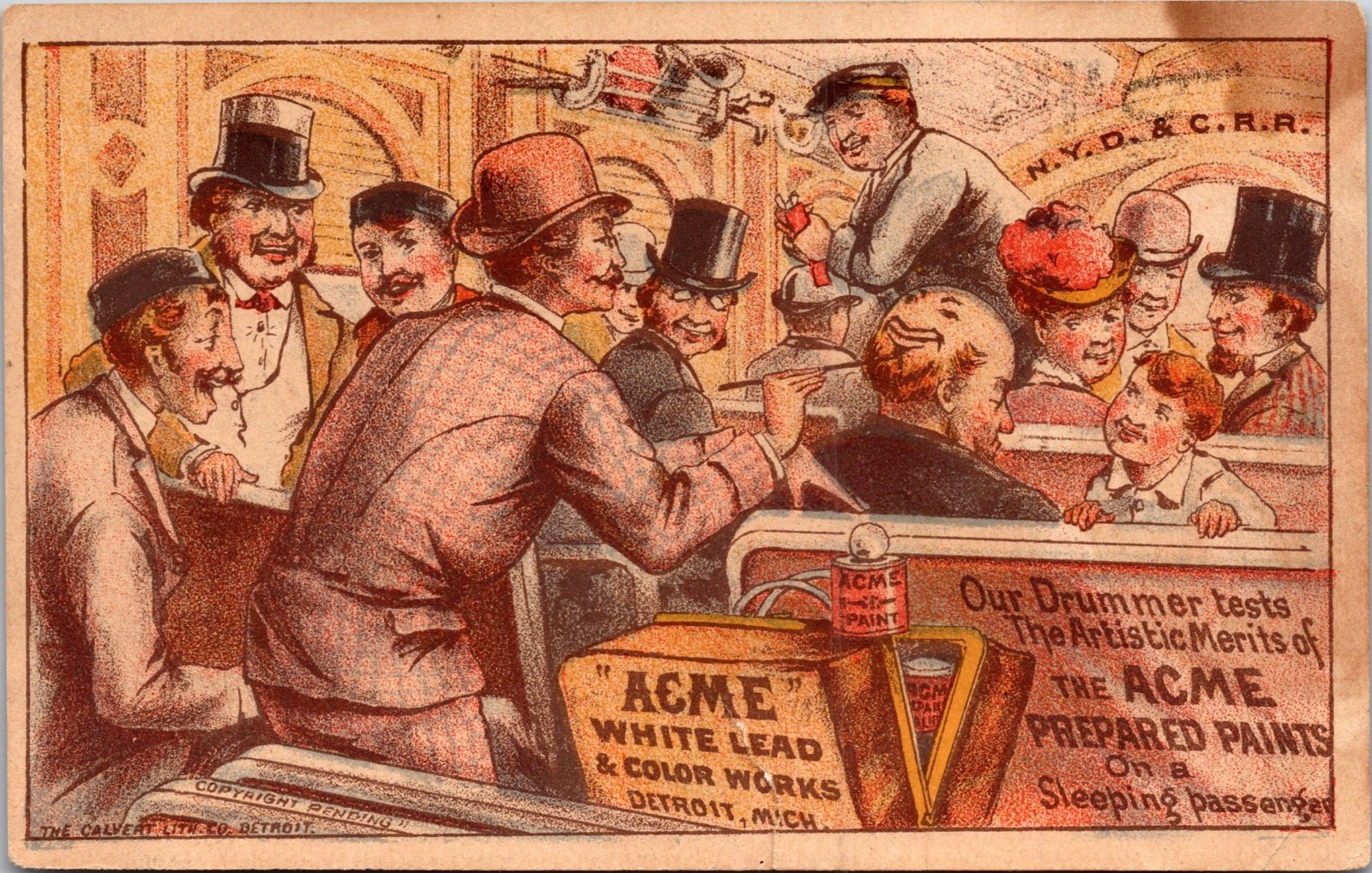 1880’s Victorian Men, Women N.Y.C Railroad, Train, Acme Paint Vintage Trade Card