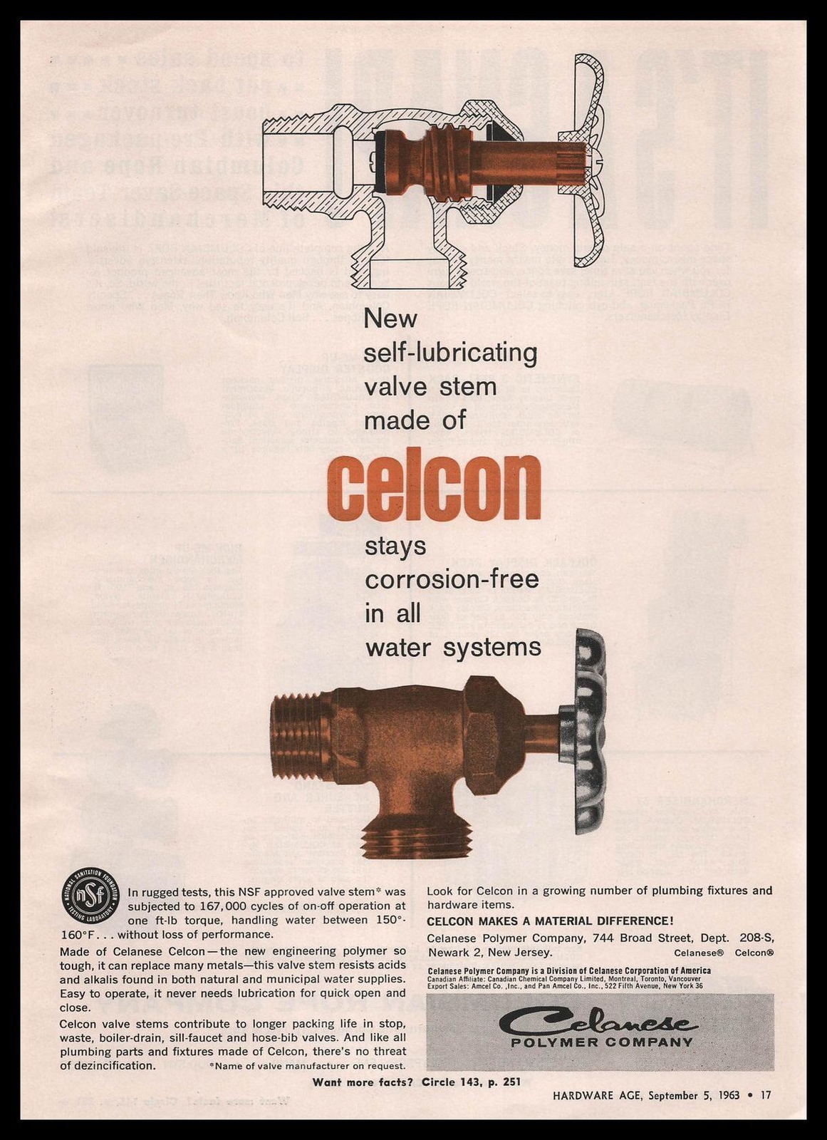 1963 Celanese Polymer Co. Newark New Jersey Water System Valve Stems Print Ad