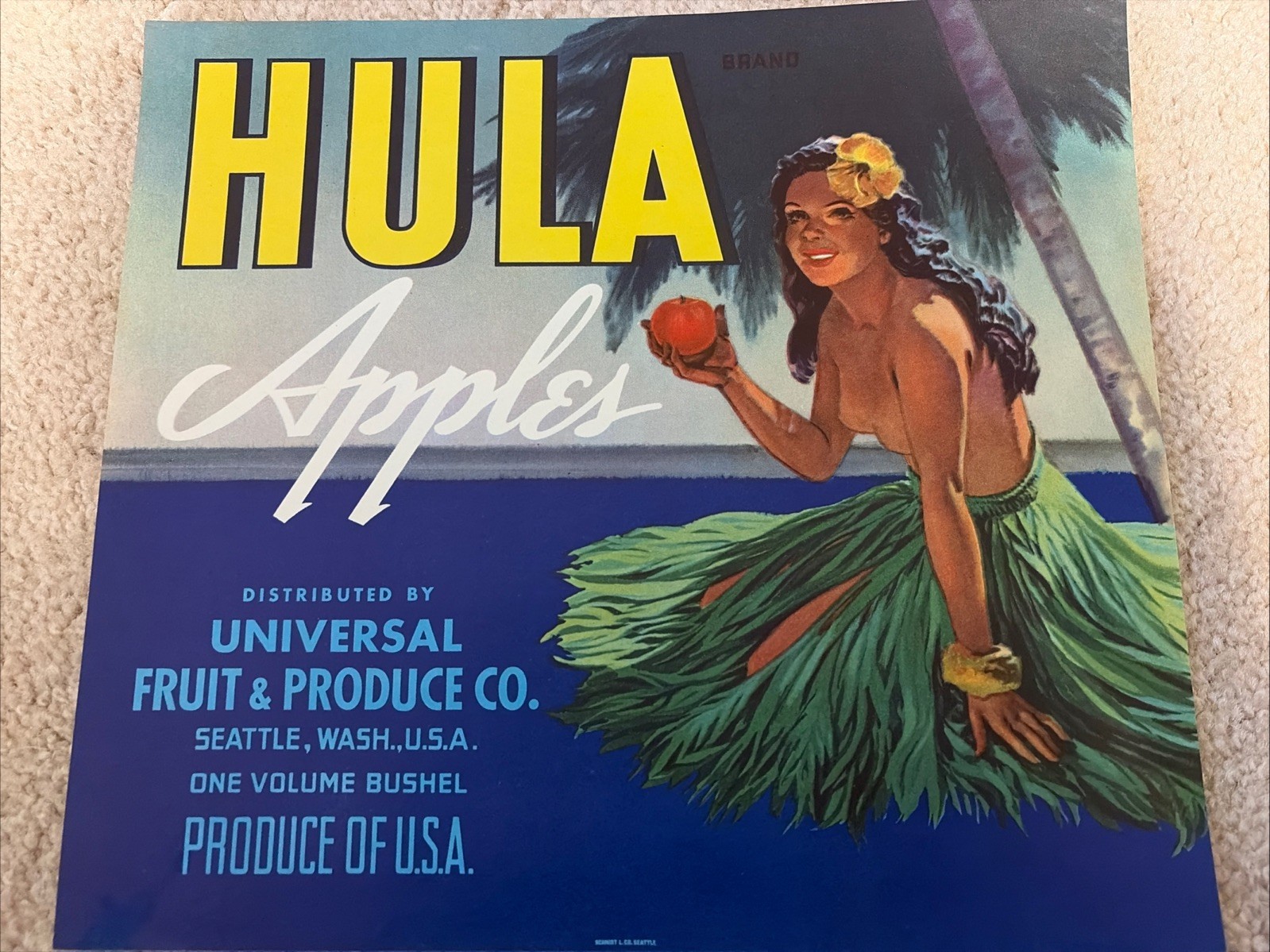 Old Hula Brand Washington Apples Fruit Crate Label Seattle Washington Universal