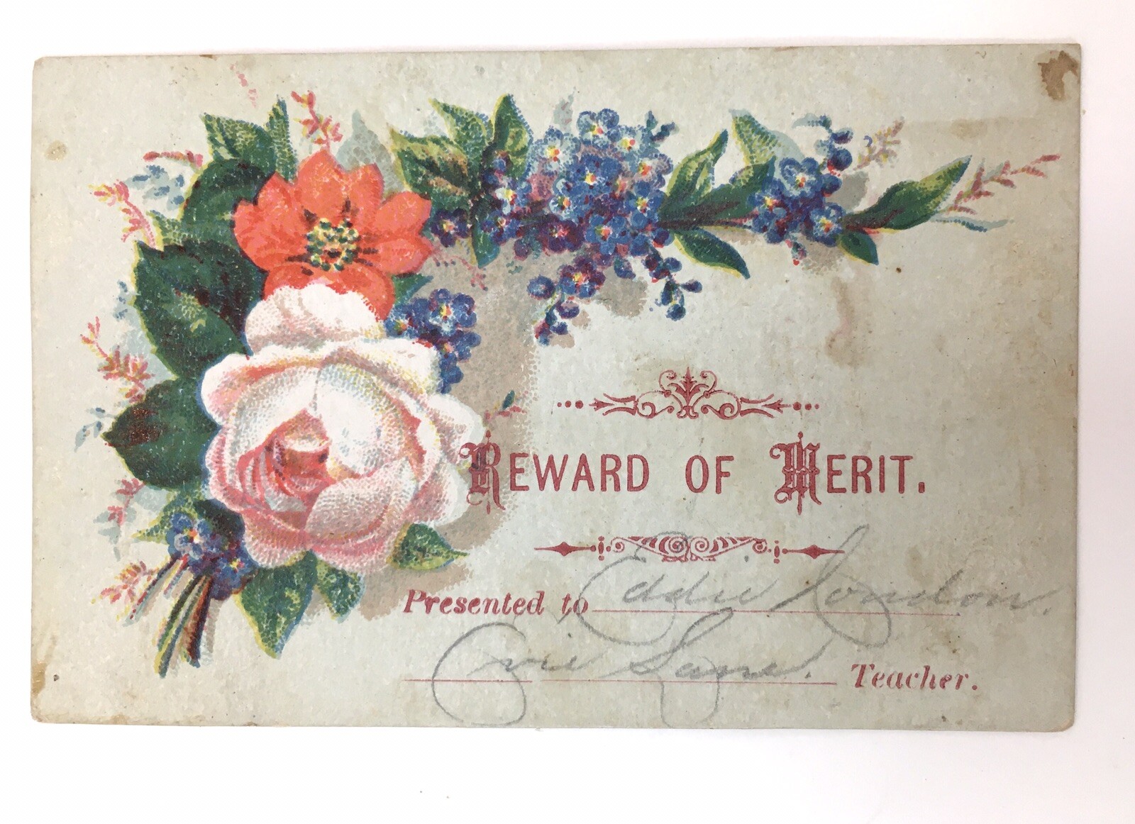 Victorian Reward of Merit Trade Card Teacher to Student 1880s Floral Spray