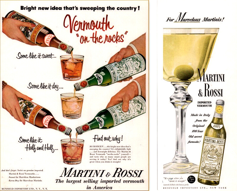 Two 1951 1952 Martini & Rossi Vermouth Sweet Dry Half Martini Hands Print Ads