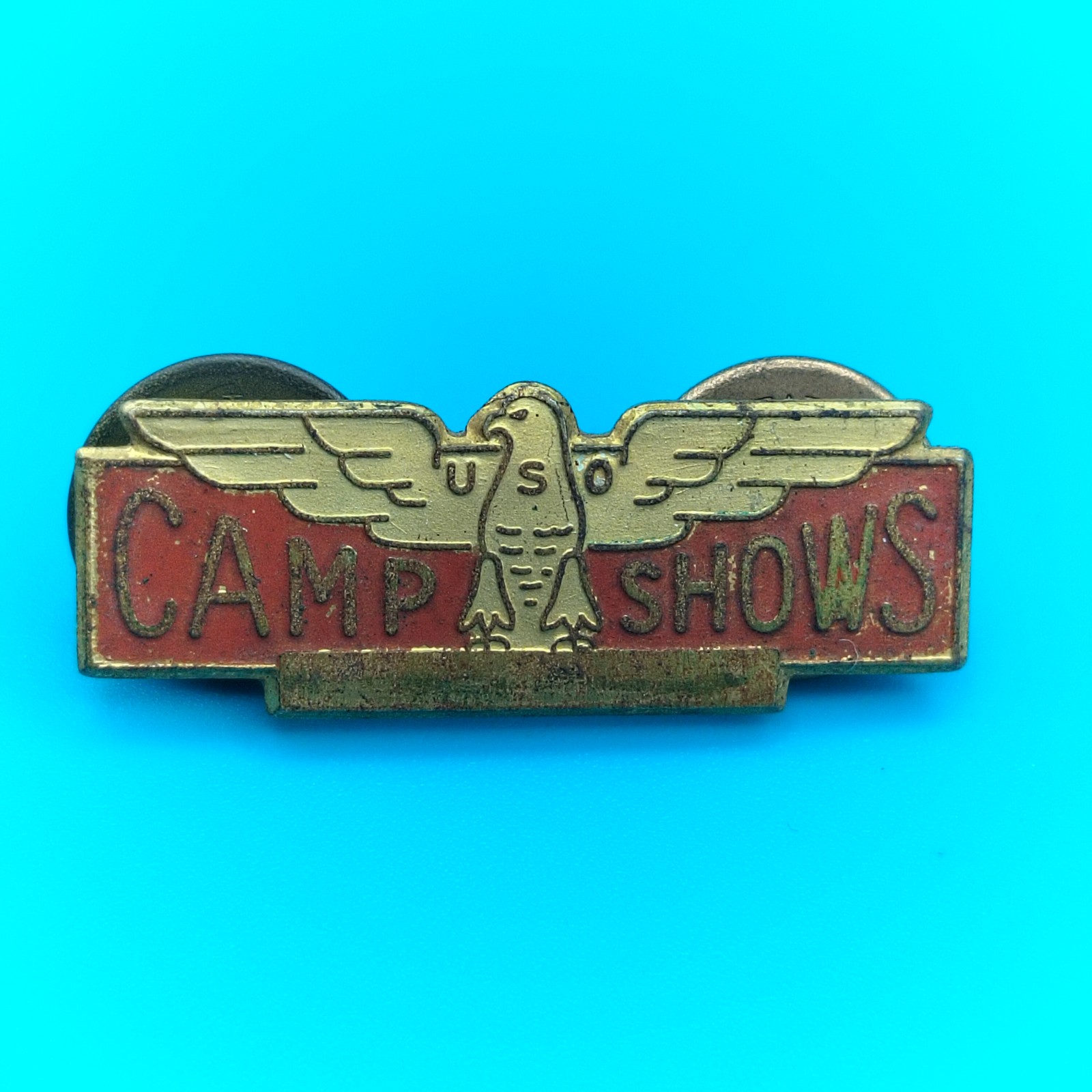 Vintage USO Camp Shows Eagle Pinback Badge Bastian Bros Military Pin