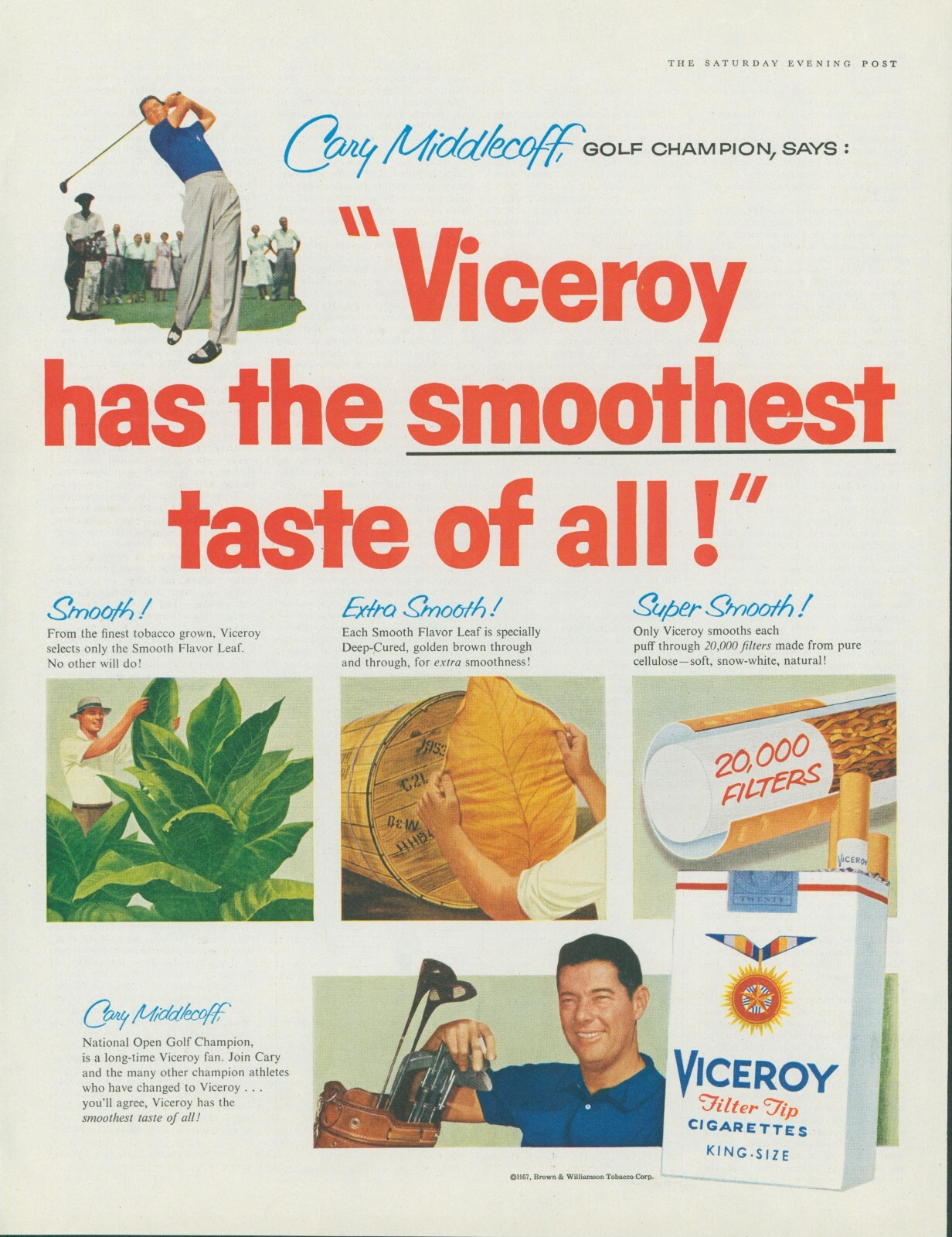1957 Viceroy Cigarettes Cary Middlecoff Golfer Champion Vintage Print Ad SP4