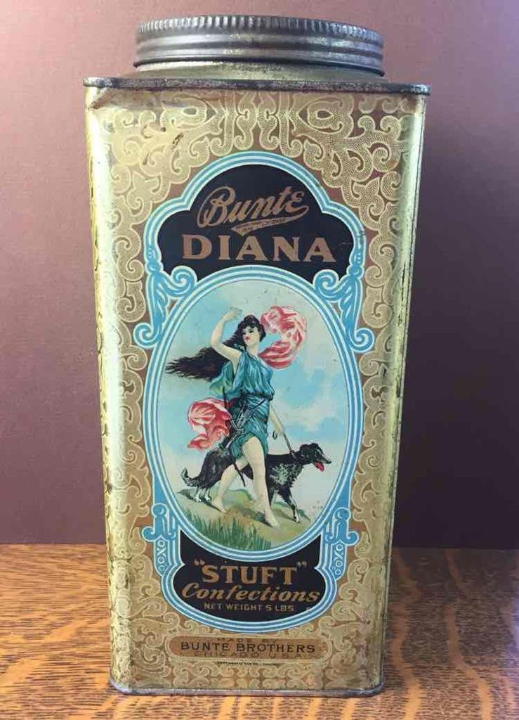 Antique Bunte Brother Chicago Illinois Diana Stuft Confections 5 Pound Tin Empty