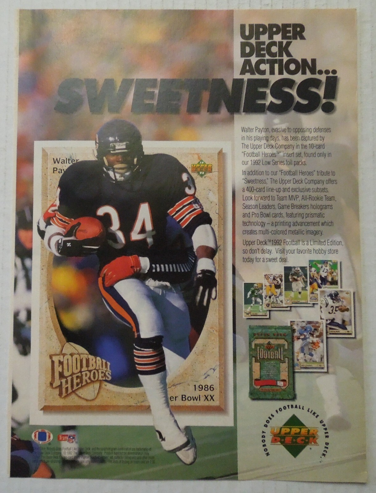 1992 UPPER DECK Walter Payton Football Heroes Insert Card Set Magazine Ad