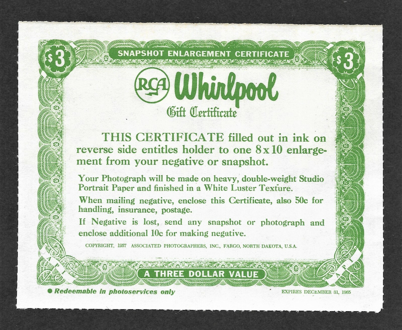 $3 Vintage Gift Certificate from Whirlpool – RCA dated 1965