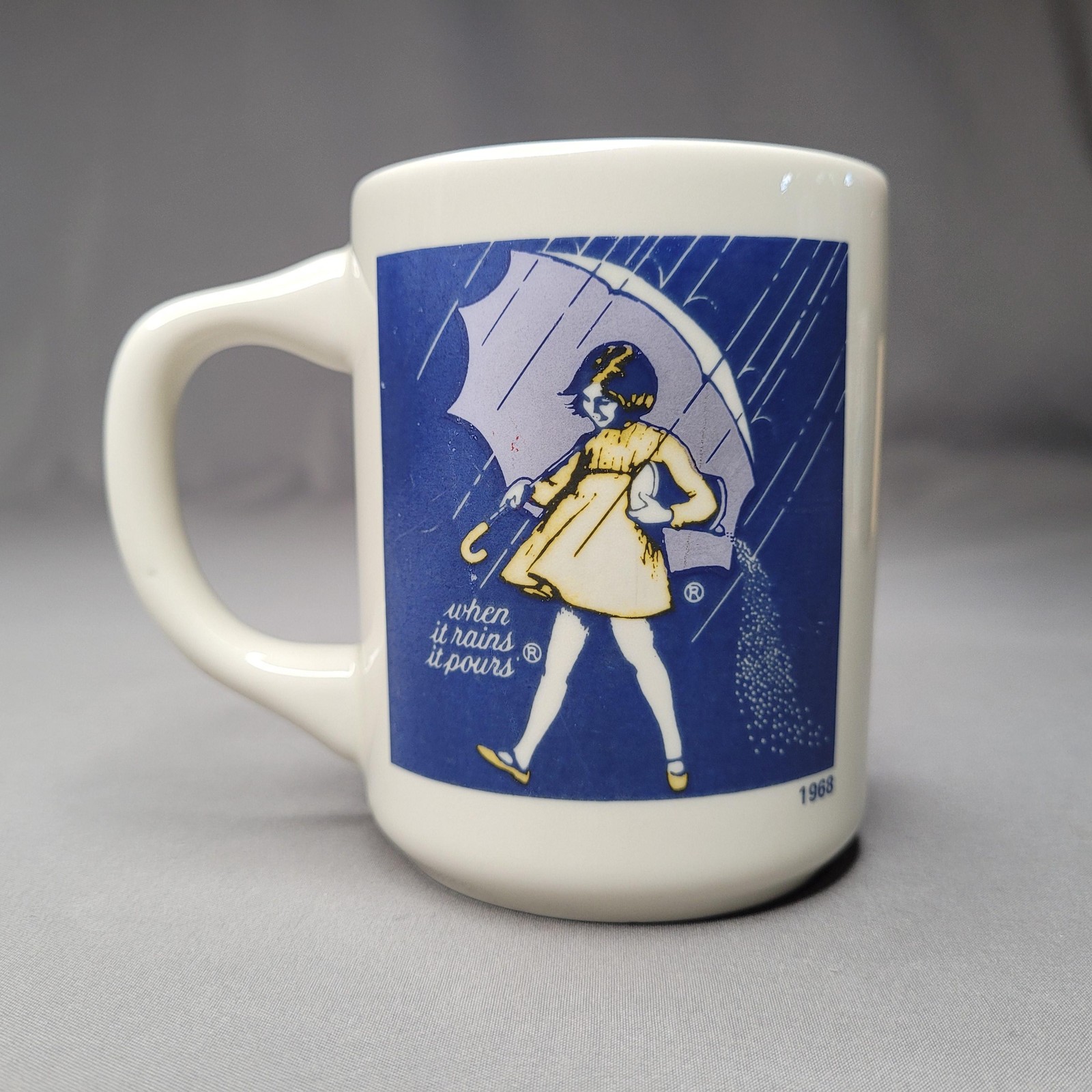 Vintage Morton Salt When It Rains It Pours White Coffee Mug Cup 1968 Ad