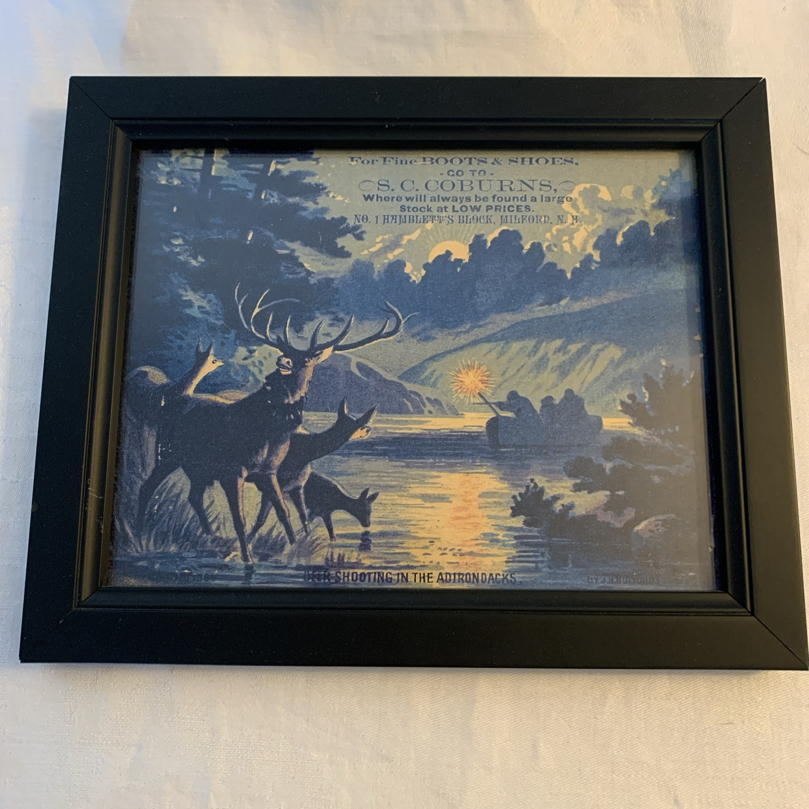 Victorian Trade Card Deer pic Shooting Adirondack SC Coburns NH Vintage framed