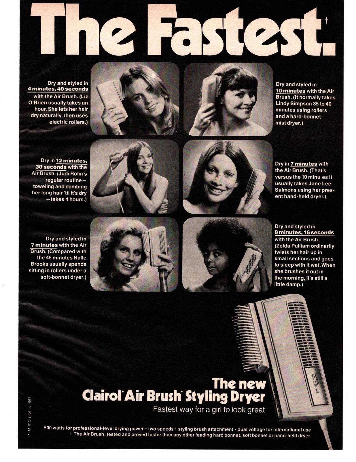 1972 Clairol Air Brush Styling 2-Speed 500 Watt Hair Dryer The Fastest Print Ad