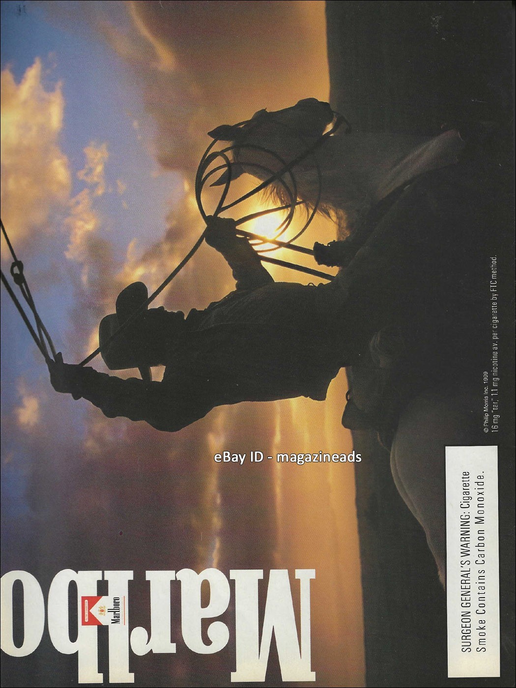 vintage MARLBORO 1-Page PRINT AD 1999 cowboy silhouette on horse at sunset