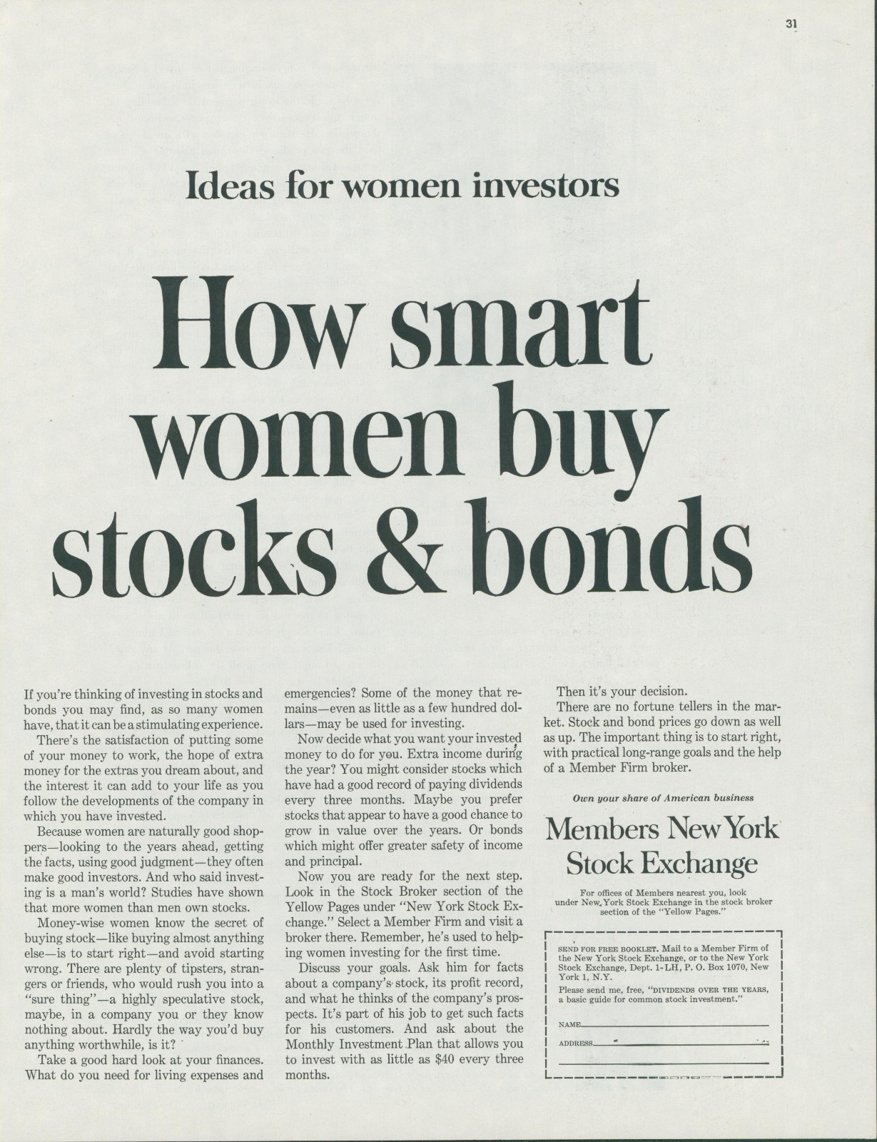 1961 Smart Women Investors Buy Stock Bonds Members NY Stock Exchange Ad LHJ8