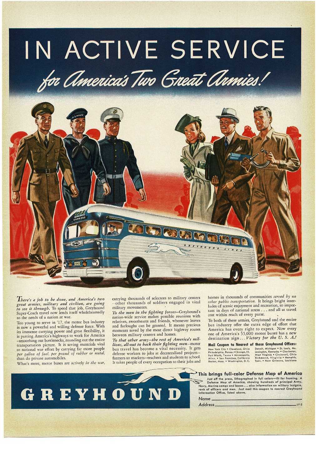 1942 GREYHOUND Bus Lines US Soldier Sailor Marine WWII Vintage Print Ad