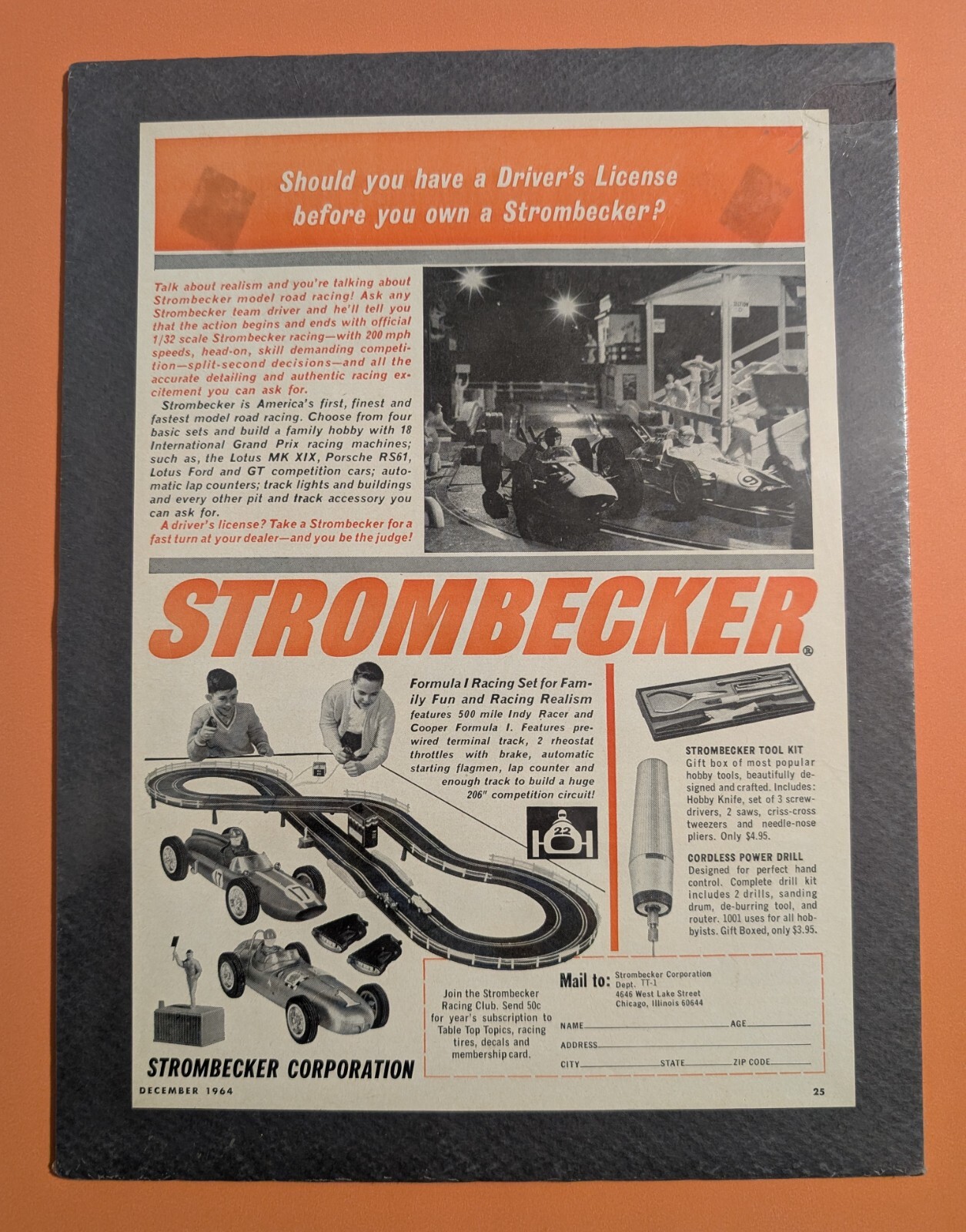 1964 Strombecker Toy Slot Car Paper Ad – Rare 60s Racing Advertisement Ephemera