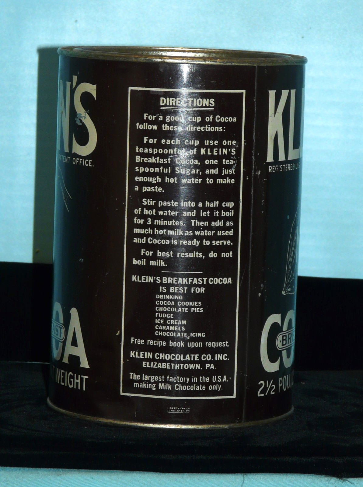 Klein’s Chocolate Breakfast Cocoa, 2 1/2 Pound Tin, Empty x Hoffman Collection
