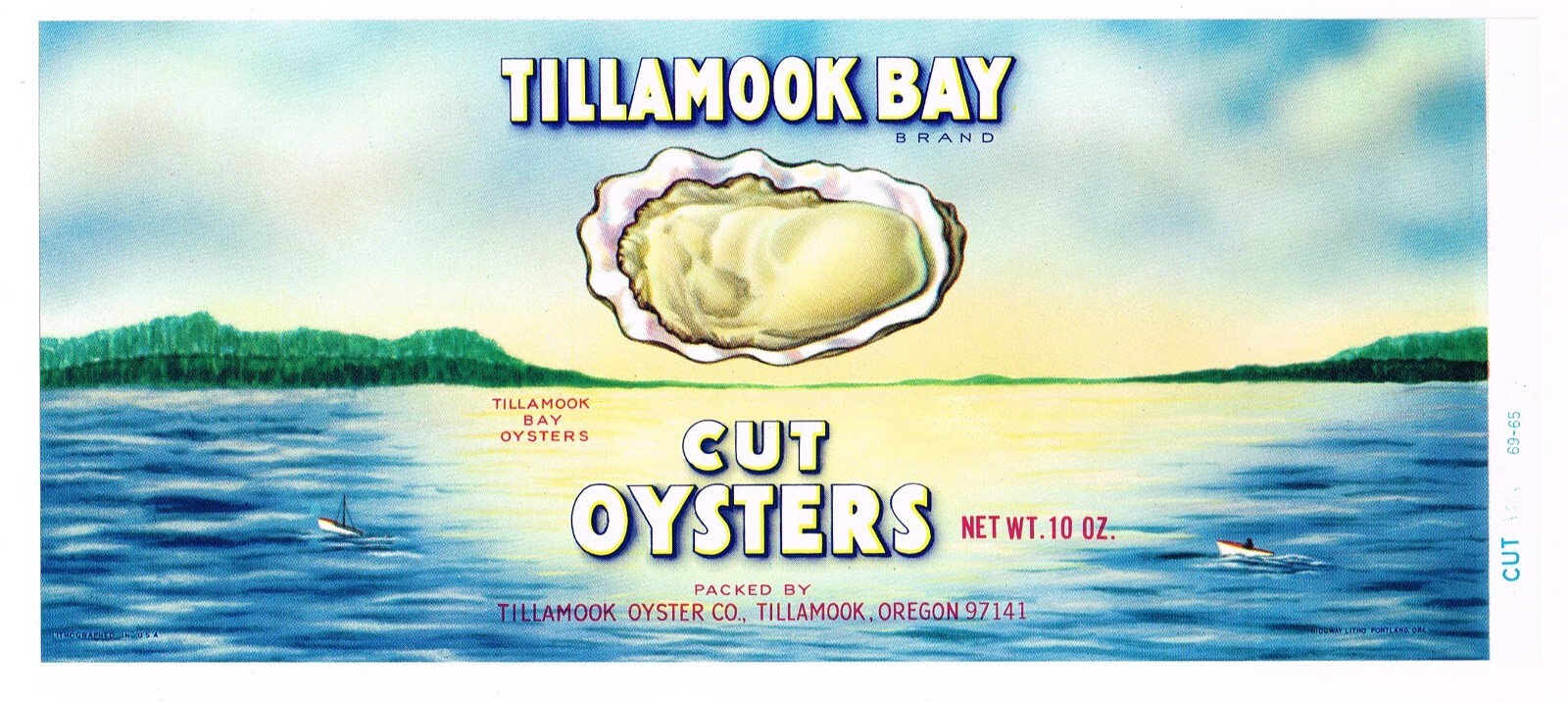 ORIGINAL CAN LABEL VINTAGE 1965 OYSTERS TILLAMOOK BAY OREGON BAY VIEW BOATS CUT