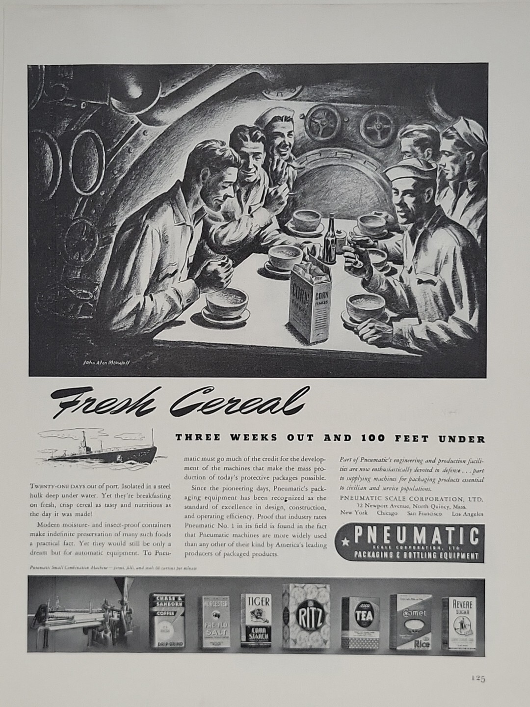 1942 Pneumatic Packaging Fortune WW2 Print Ad Q1 Cereal Navy Sailors Submarine