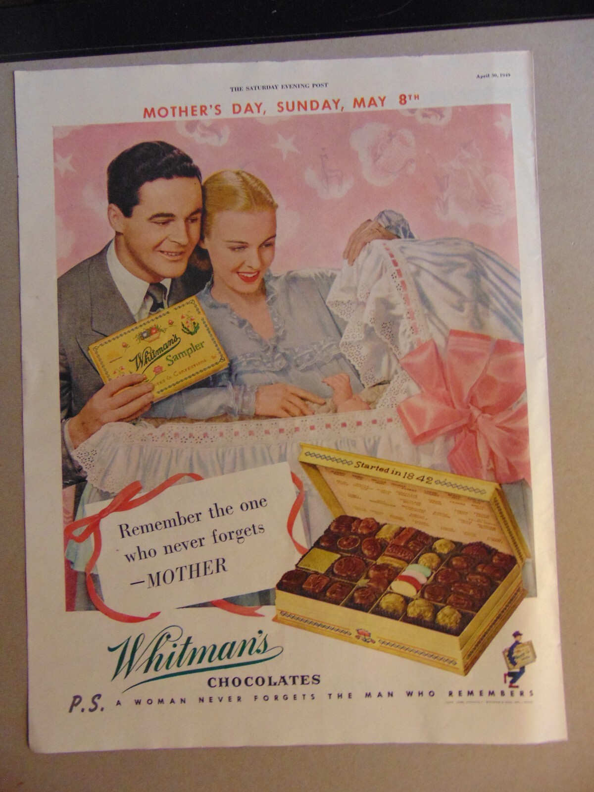 1949 WHITMAN’S CHOCOLATES Happy Couple Baby MOTHER’S DAY vintage print ad