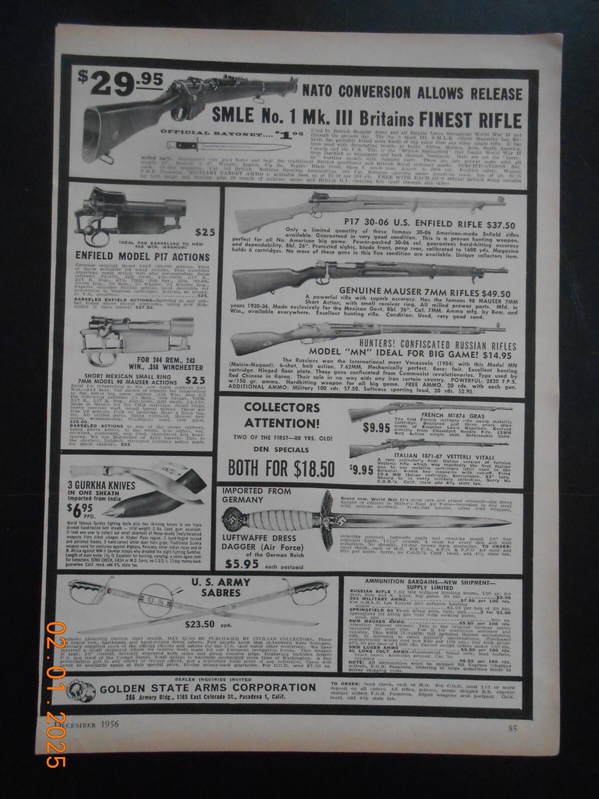 1956 Golden State Arms Corporation Rifle Knives Dagger Sabres AD Enfield Mauser