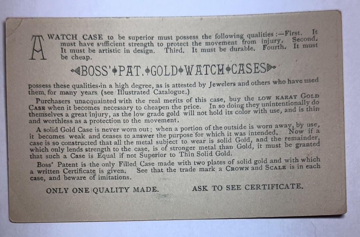 VICTORIAN JEWELERS TRADE CARD BOSS POCKET WATCH CASES HA OSGOOD LEWISTON ME B45