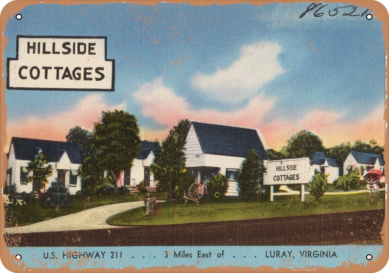Metal Sign – Virginia Postcard – Hillside Cottages, U.S. Highway 211. . . 3 mil