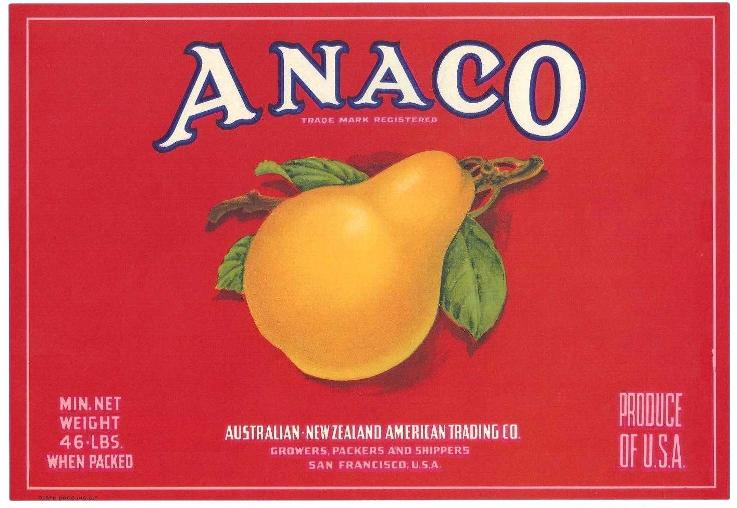 Original ANACO pear crate label Australian New Zealand American Yakima Fruit Row