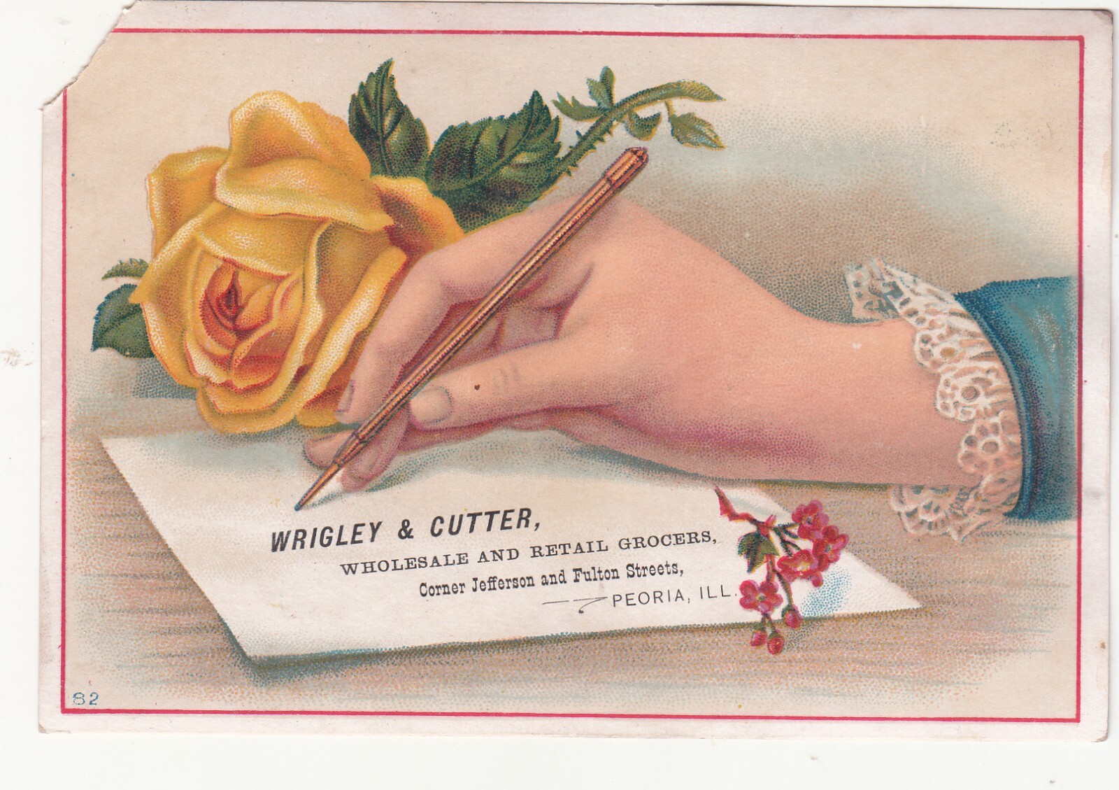 Wrigley & Cutter Grocers Peoria IL Yellow Rose Hand Pen Vict Card c1880s