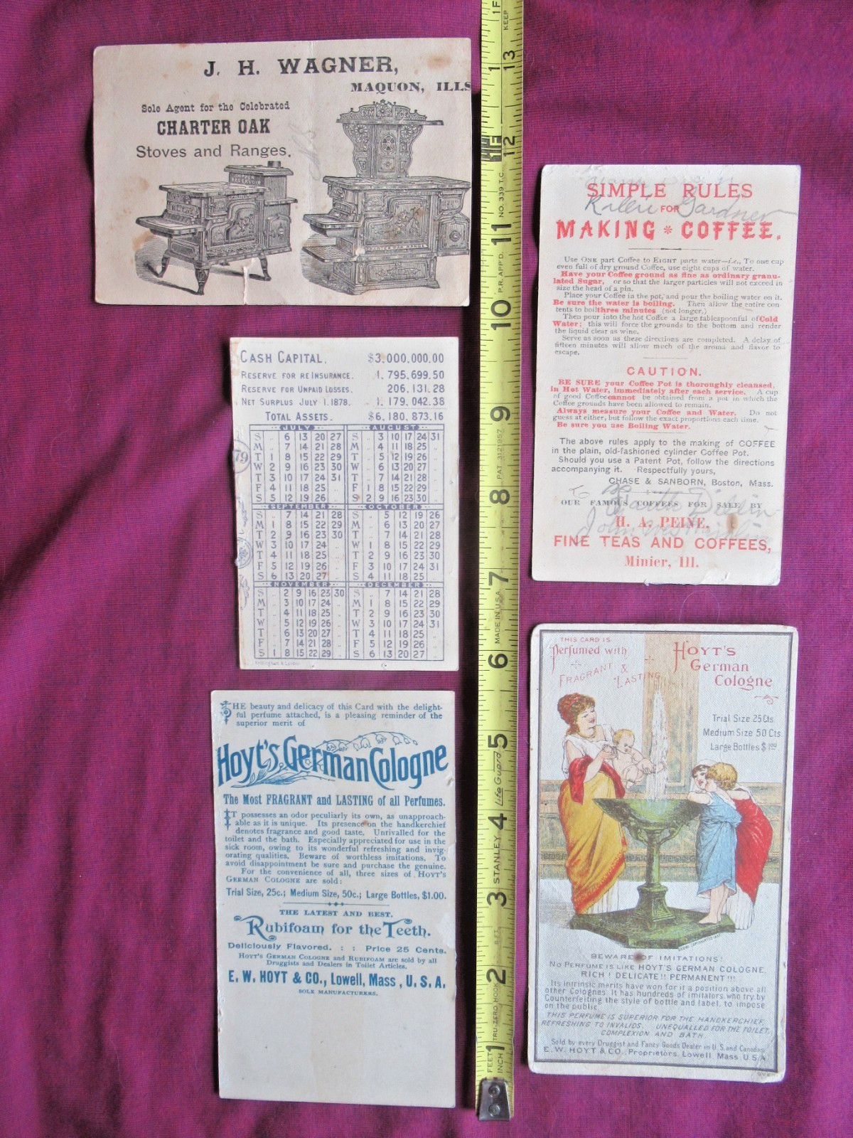 5 Victorian Trade Cards: Charter Oak Stoves, Standard Java Record & 2 Hoyt’s +
