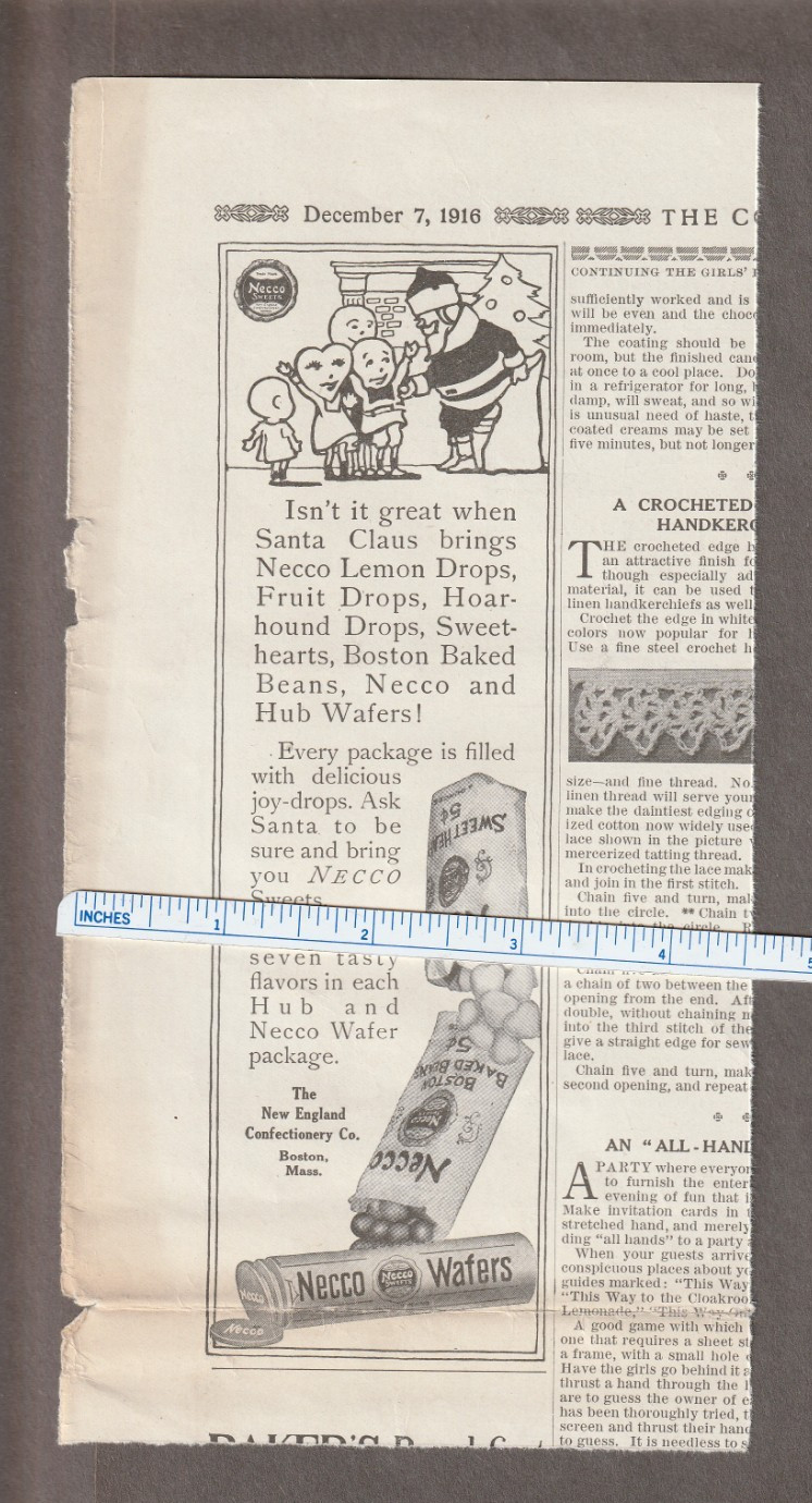 Vintage 1916 NECCO WAFERS Christmas Magazine AD ~SANTA CLAUS~ Lemon Drops/BEANS