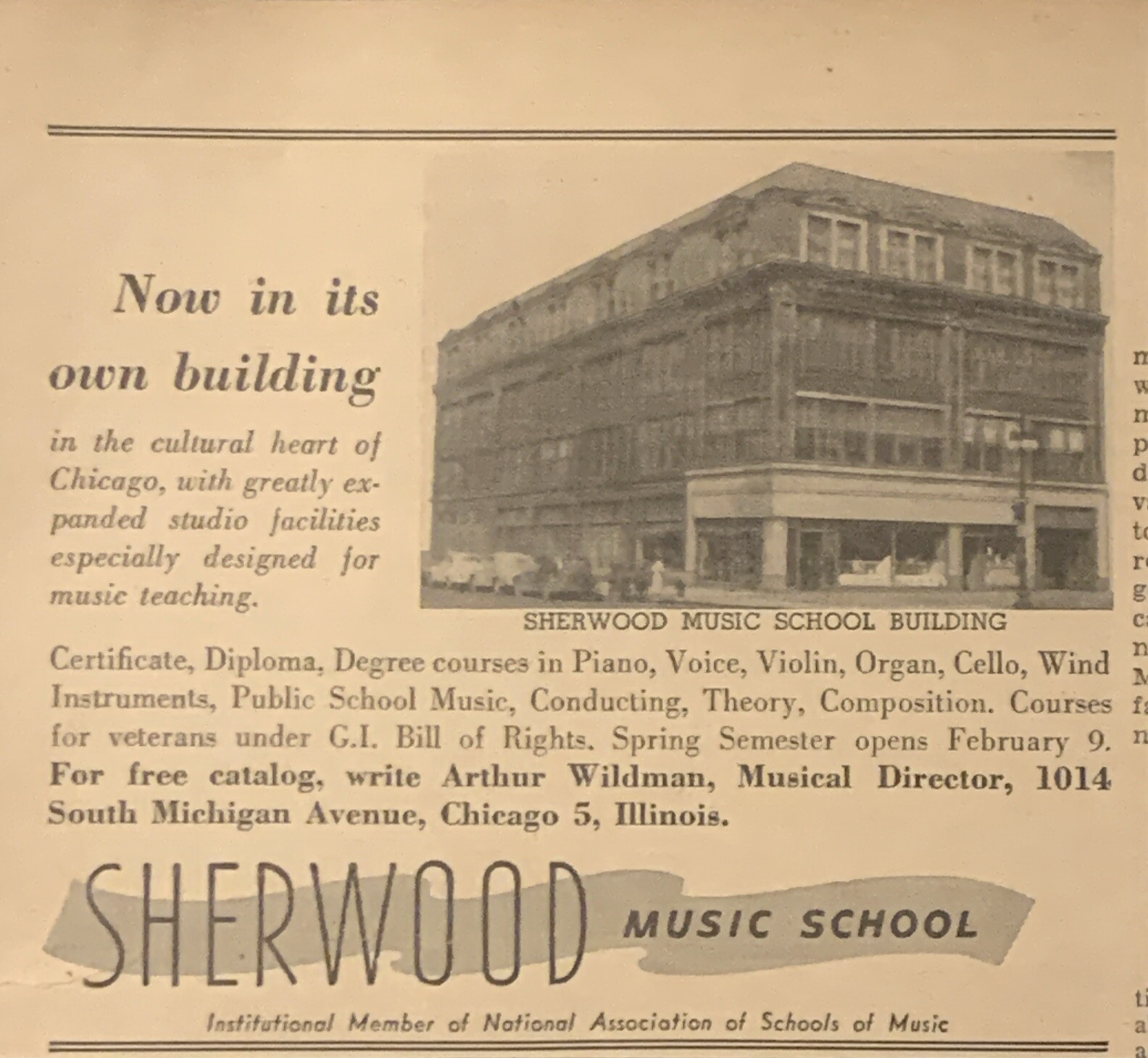 1948 Sherwood Music School Chicago PRINT AD Building Arthur Wildman VTG 40s 5×5”