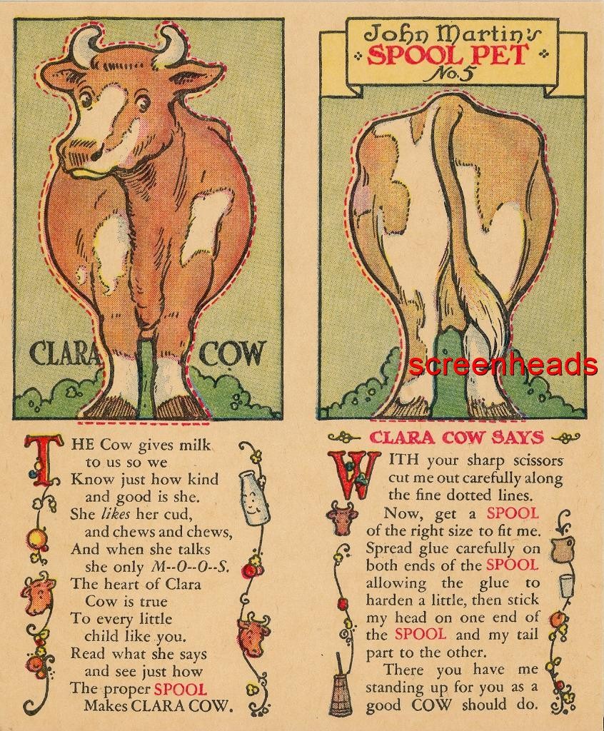 ANTIQUE 1931 O.N.T. PAPER DOLL CUTOUT CLARA COW ZOO SPOOL TRADE CARD VG