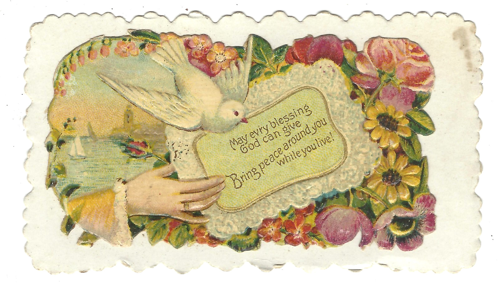 VTG Victorian Embossed Die Cut Calling Card Tag May Ev’ry Blessing God Can Give