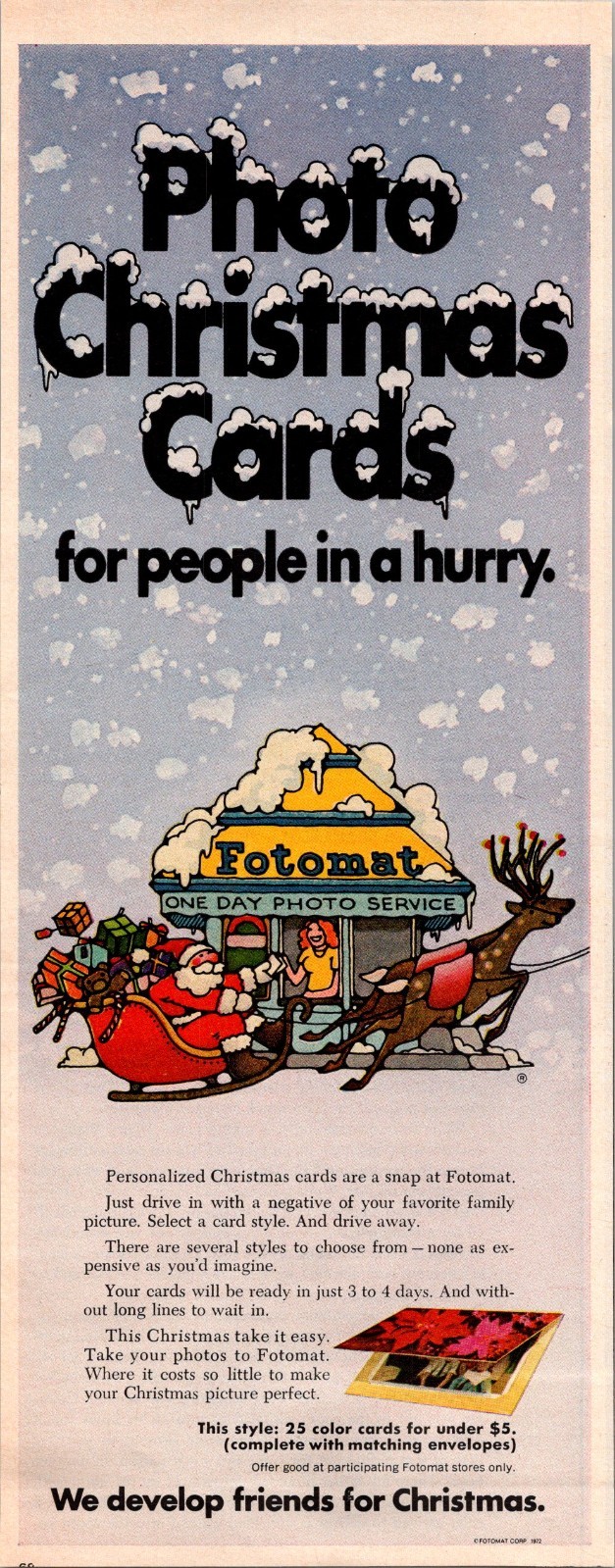 1970s Magazine Print Ad: FOTOMAT Photo Christmas Cards for People in a hurry -C