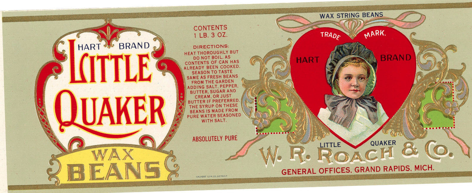 RARE LITTLE QUAKER WAX BEANS VINTAGE CAN LABEL W. R. ROACH & Co GRAND RAPIDS, MI
