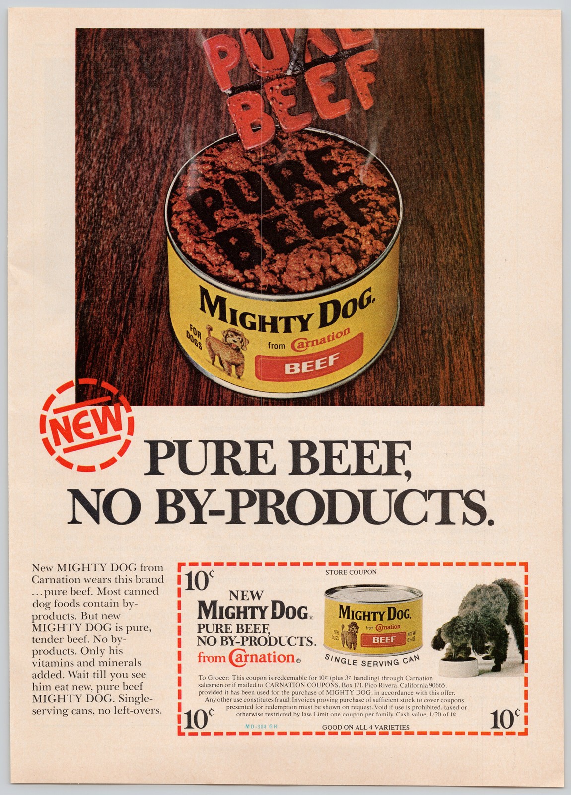 Mighty Dog Carnation Pure Beef No By Products Single Serving 1973 Print Ad
