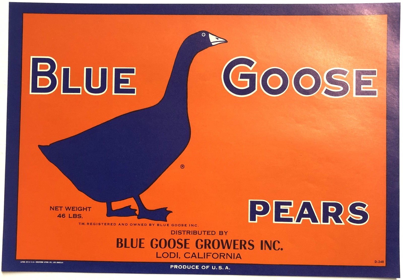 Blue Goose Pears Vintage Original Fruit Crate Label Blue Goose Growers Lodi, Ca.
