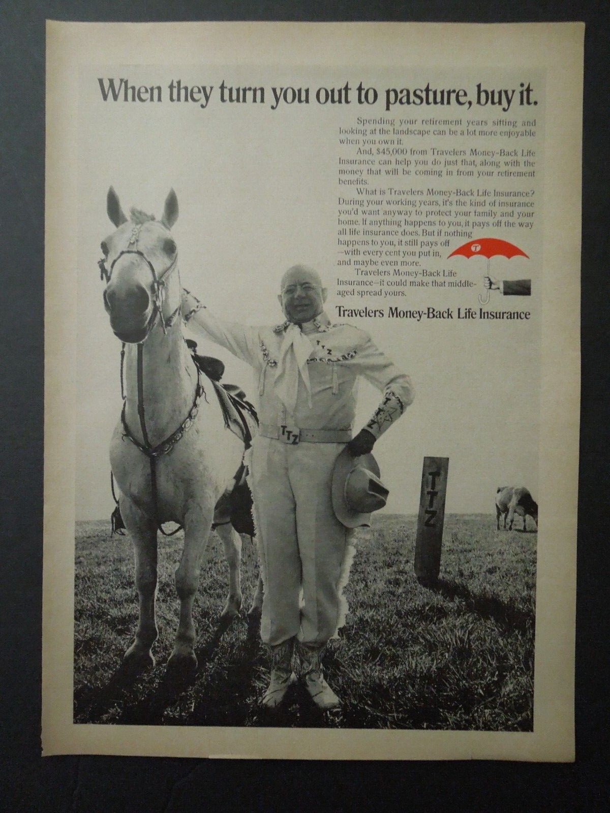 1967 TRAVELERS MONEY BACK LIFE INSURANCE Magazine Ad – Out To Pasture