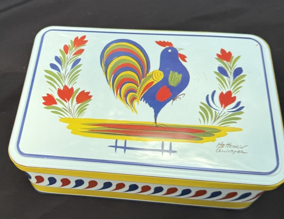 HB HENRIOT QUIMPER rooster RECTANGULAR BISCUIT TIN metal canister FRANCE -LO25