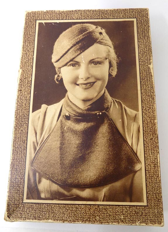 1930’s Empty Box w’ Photo of Woman in Wool Hat & Scarf Set It Contained