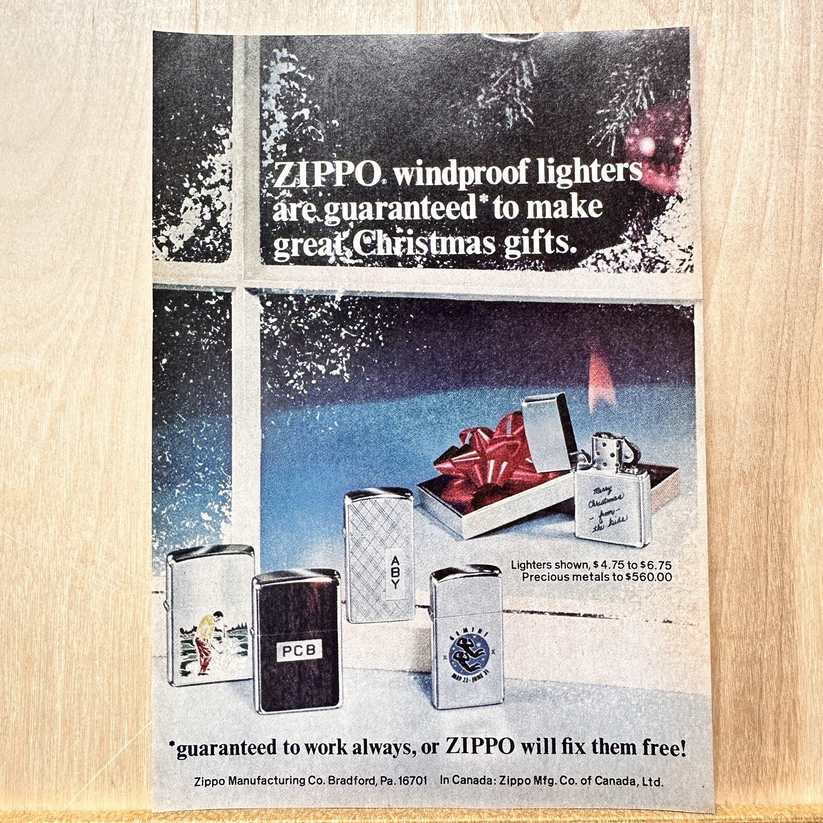1974 Zippo Lighters Christmas Holiday Gifts Vintage Print Ad