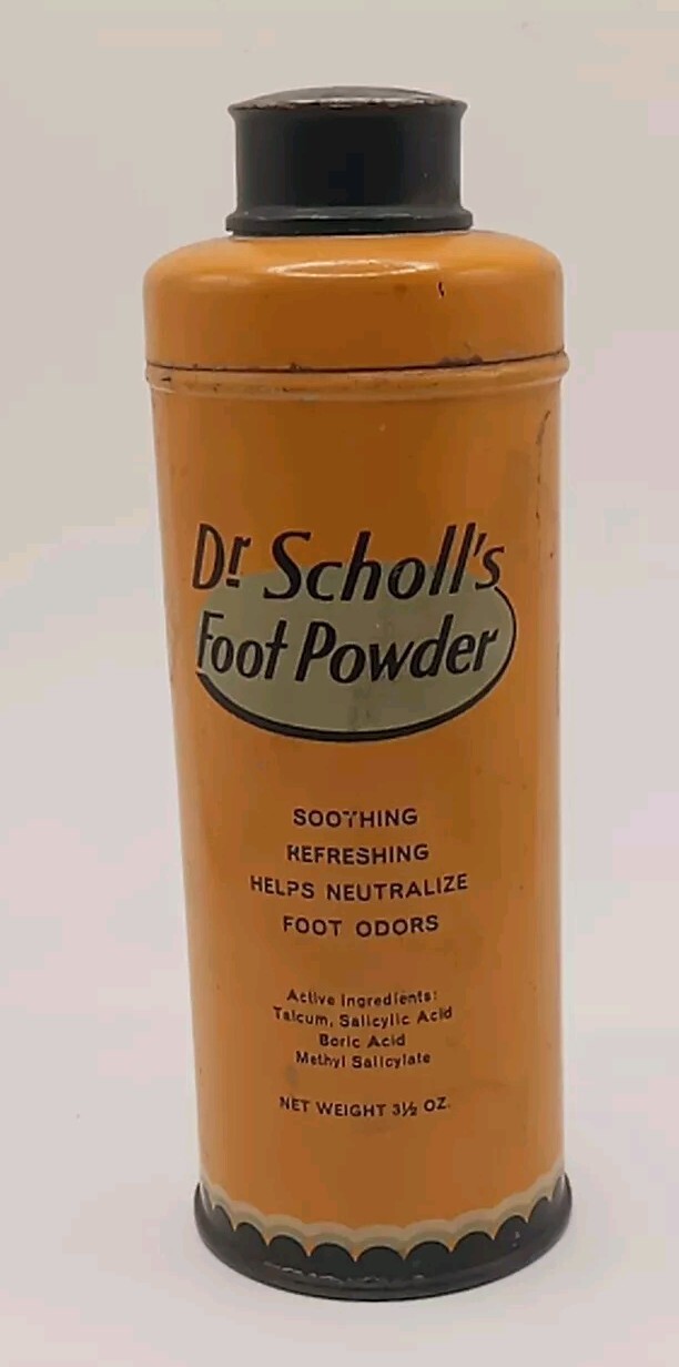 Vintage Yellow Dr. Scholl’s Foot Powder Tin 5″ tall 1 3/4 ” diameter. See descr
